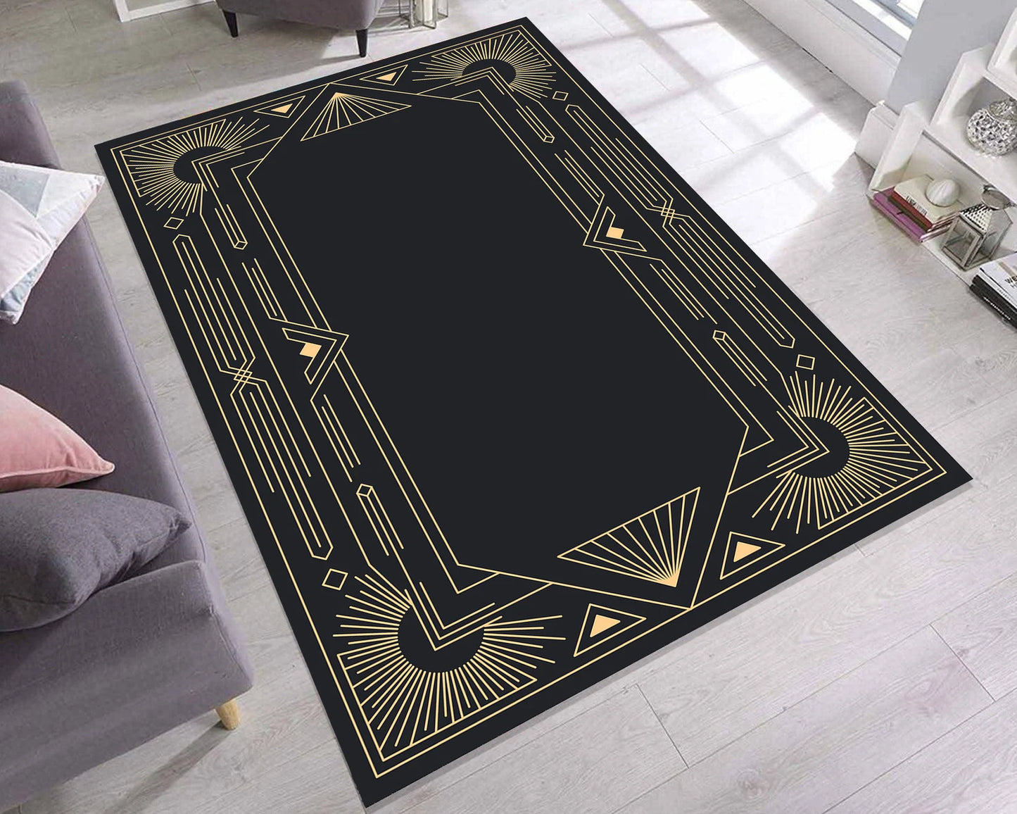 Art Deco Rug, Black Gold Striped Rug, Gold Lined Rug, Geometric Shaped Rug, Modern Decor, Home Decor Rug, Salon Abstract Minimalist Kitchen