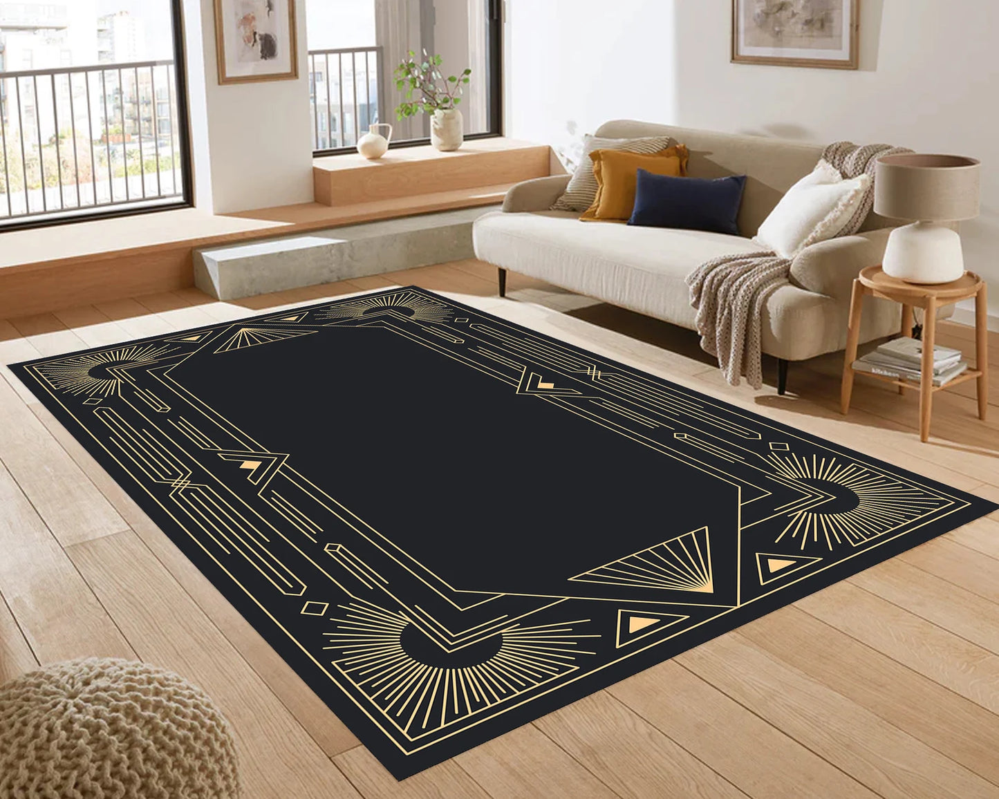 Art Deco Rug, Black Gold Striped Rug, Gold Lined Rug, Geometric Shaped Rug, Modern Decor, Home Decor Rug, Salon Abstract Minimalist Kitchen