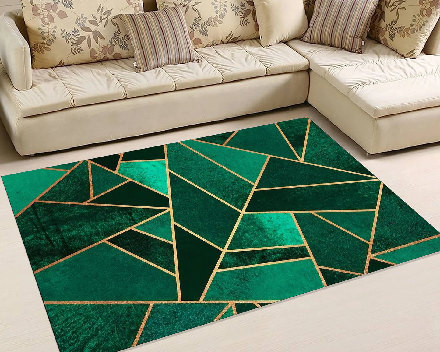 Emerald Geometric Rug, Modern Abstract Rug, Green Gold Carpet For Stylish Interior, Bold Contemporary Rug, Art Deco Inspired Living Room Rug