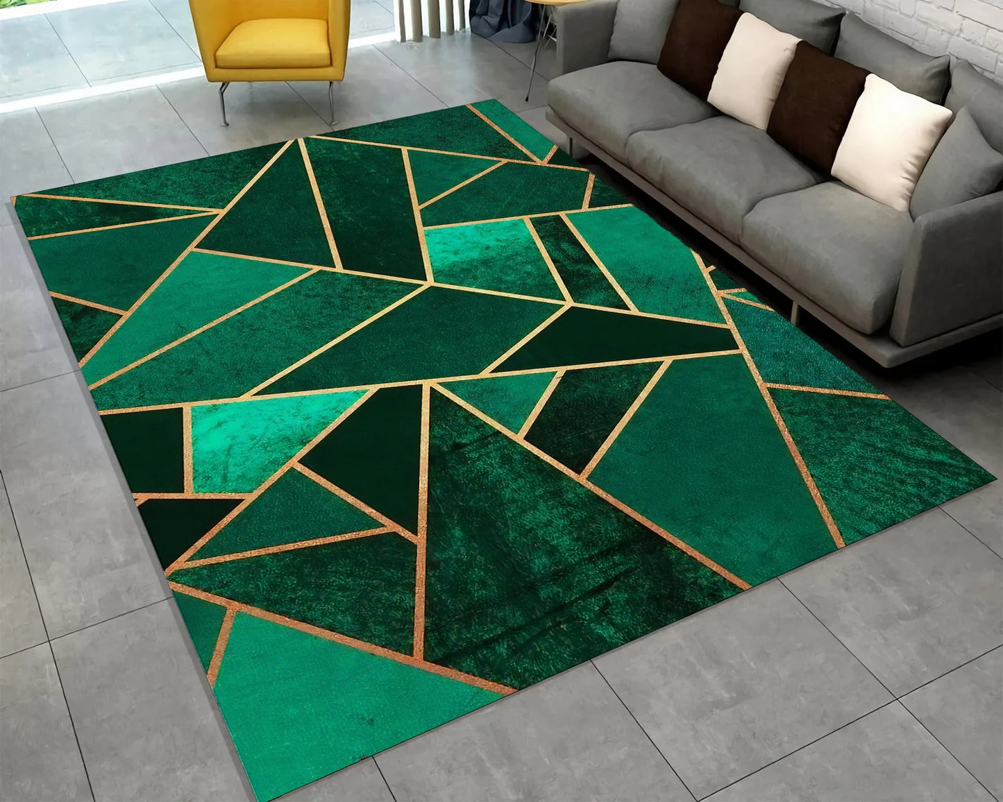Emerald Geometric Rug, Modern Abstract Rug, Green Gold Carpet For Stylish Interior, Bold Contemporary Rug, Art Deco Inspired Living Room Rug