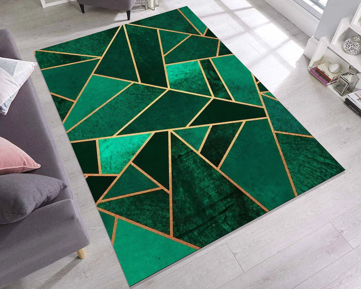 Emerald Geometric Rug, Modern Abstract Rug, Green Gold Carpet For Stylish Interior, Bold Contemporary Rug, Art Deco Inspired Living Room Rug