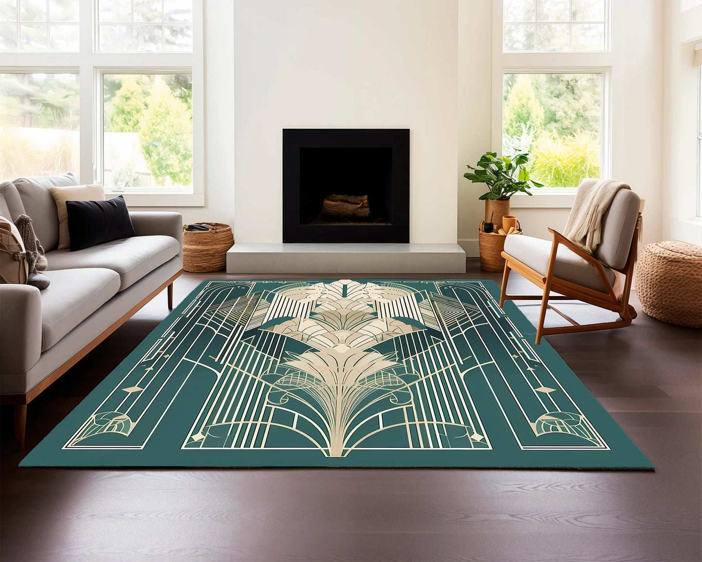 Art Deco Style Rug, Geometric Luxury Rug, Elegant Line Pattern Rug, Classic Green Carpet for Living Room, Bold Modern Deco Area Rug