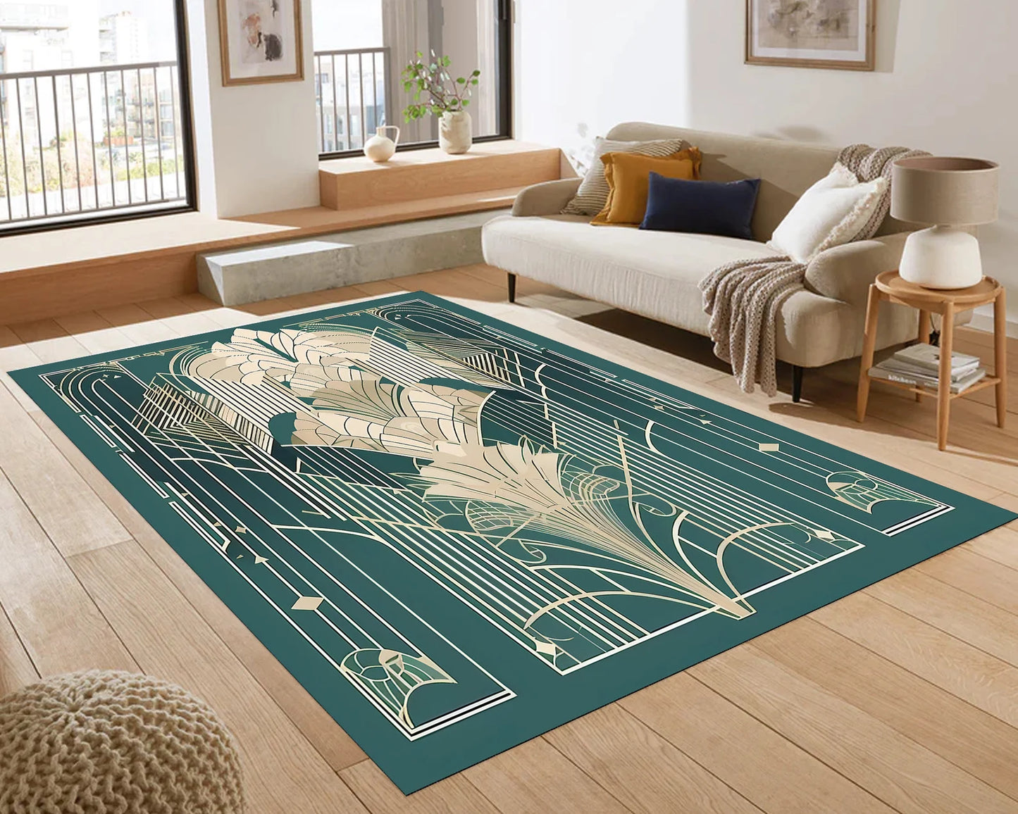 Art Deco Style Rug, Geometric Luxury Rug, Elegant Line Pattern Rug, Classic Green Carpet for Living Room, Bold Modern Deco Area Rug