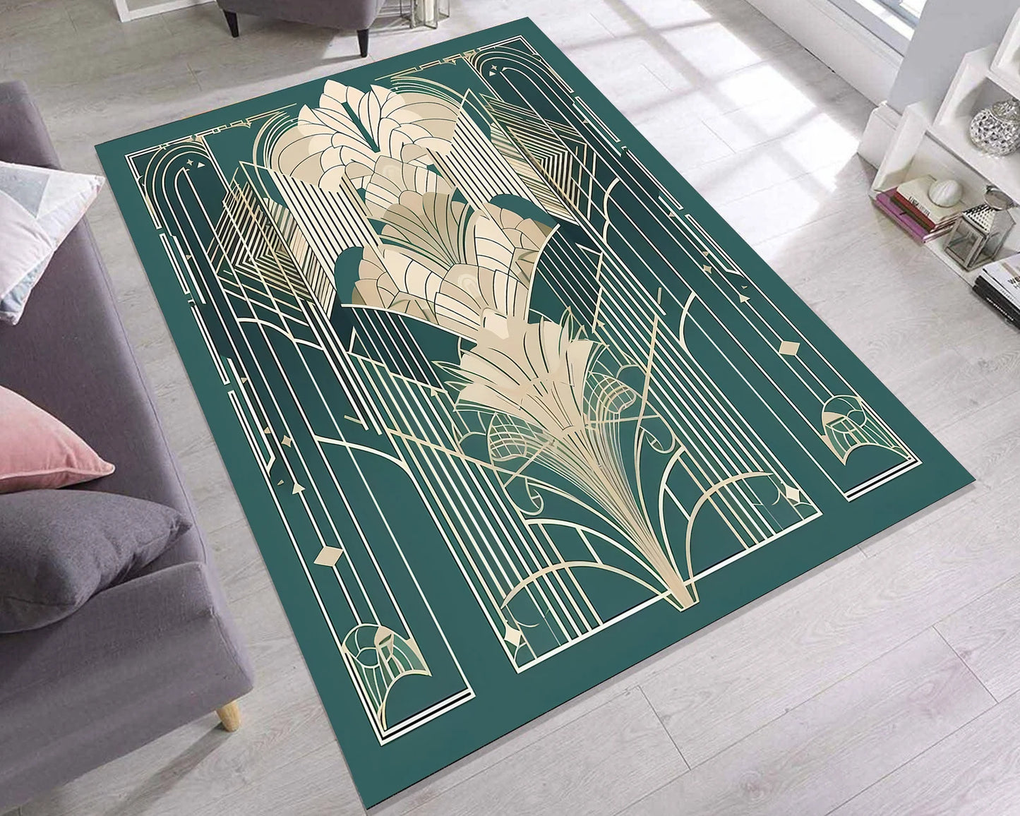 Art Deco Style Rug, Geometric Luxury Rug, Elegant Line Pattern Rug, Classic Green Carpet for Living Room, Bold Modern Deco Area Rug