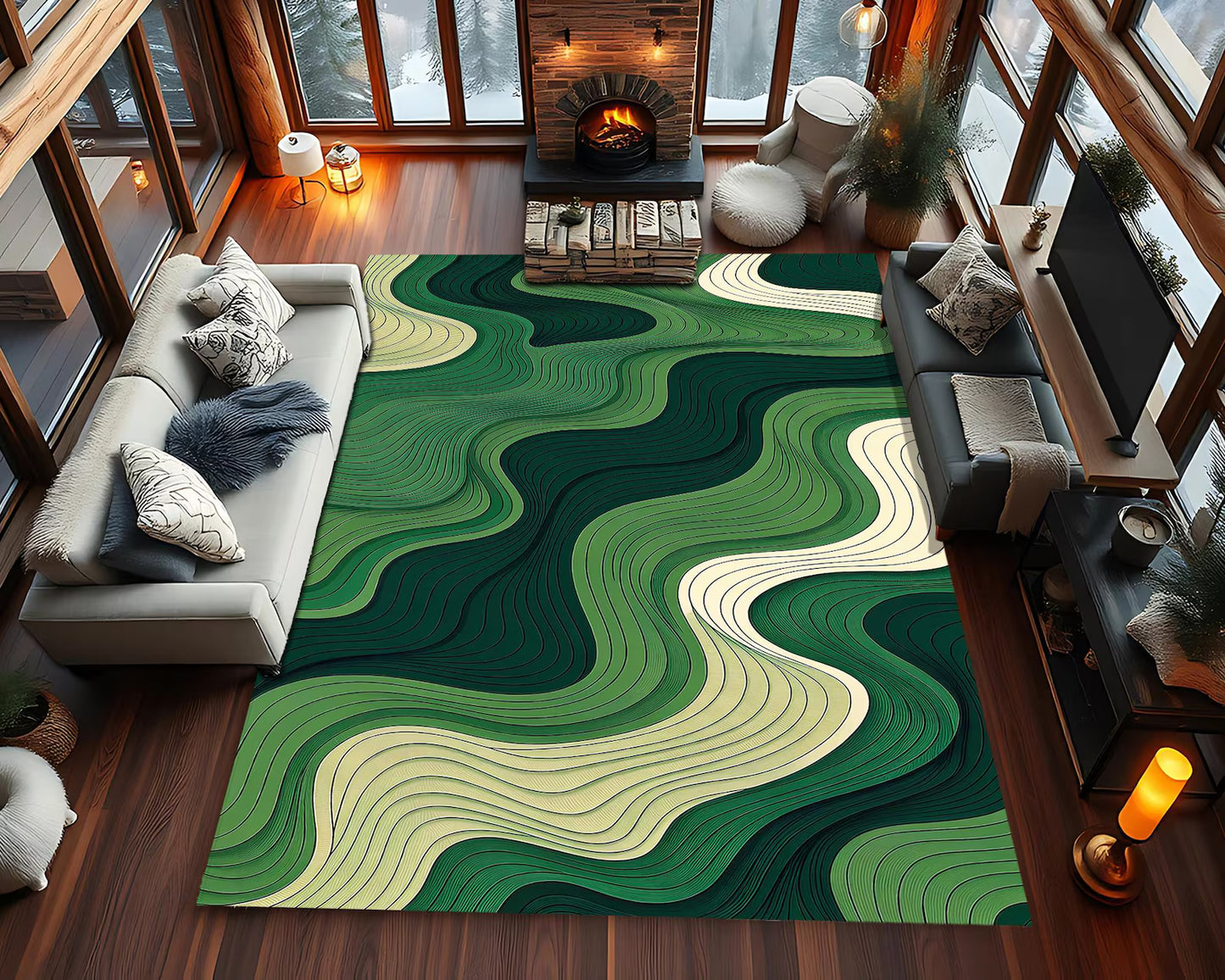 Topographic Deep Green Lines Rug, Organic Flow Pattern Rug, Earth-Tone Waves Rug, Minimal Verdant Lines Rug, Serene Green Area Carpet
