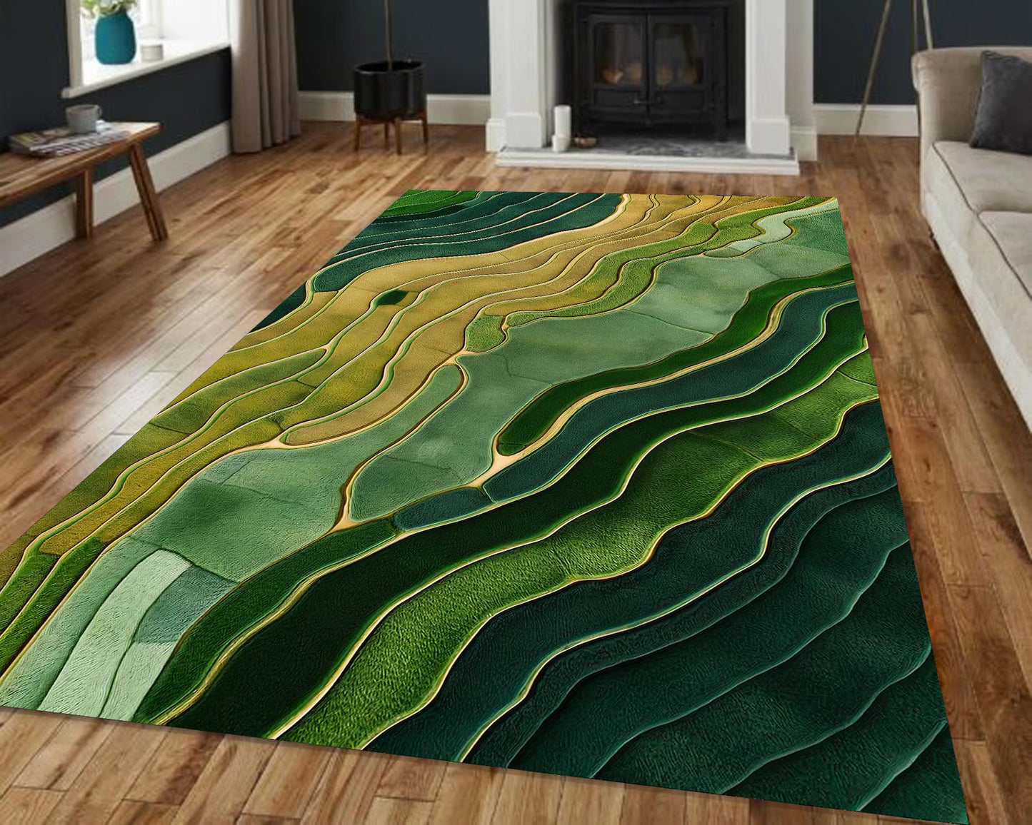 Green Abstract Landscape Rug, Wavy Pattern Modern Carpet, Earth Tone Nature-Inspired Area Rug for Living Room, Contemporary Art Floor Mat
