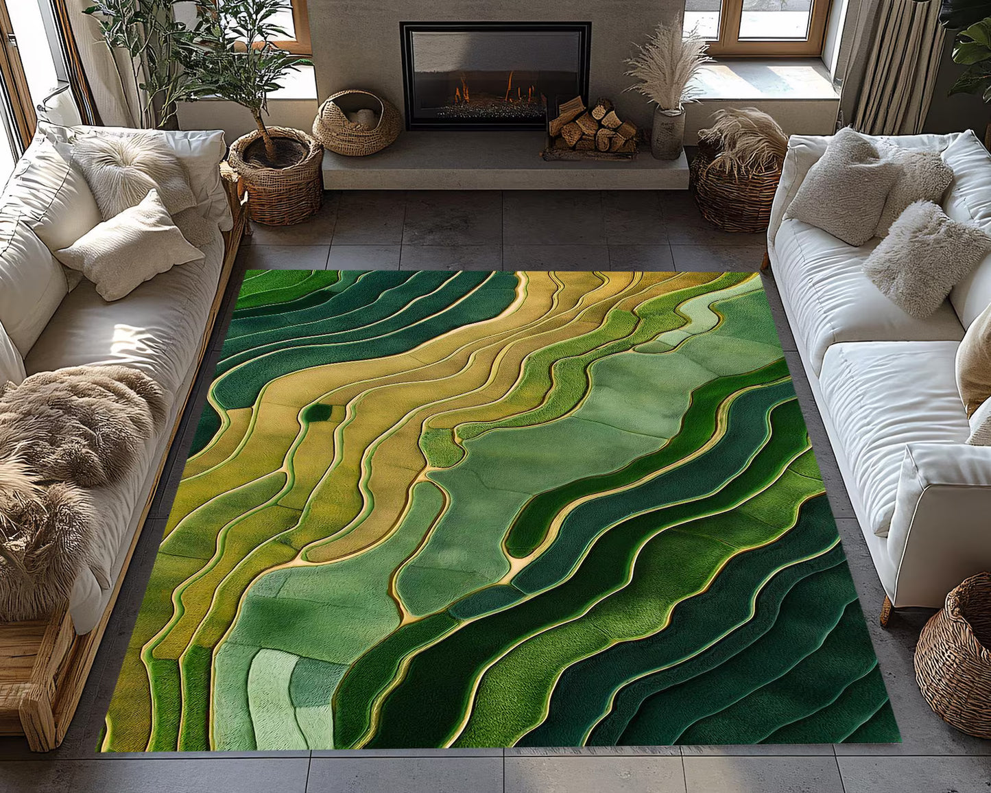 Green Abstract Landscape Rug, Wavy Pattern Modern Carpet, Earth Tone Nature-Inspired Area Rug for Living Room, Contemporary Art Floor Mat