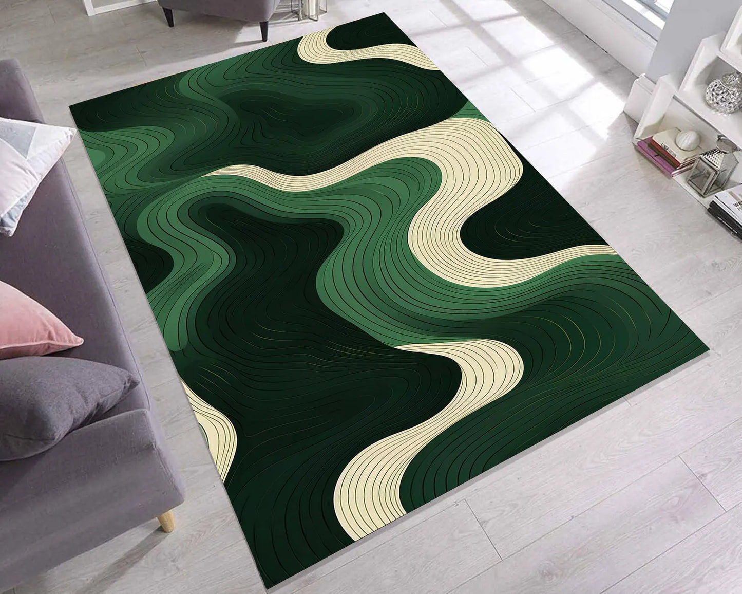 Emerald Wave Lines Rug, Modern Organic Flow Rug, Deep Forest Green Rug, Minimal Luxe Contour Rug, Green And Cream River Flow Carpet