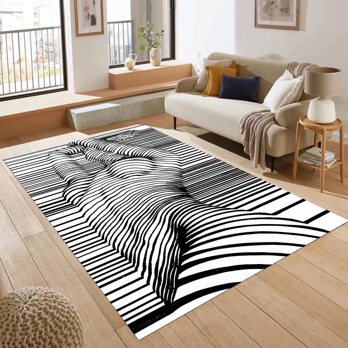 Abstract Black and White Line Art Rug, Modern Artistic Design for Living Room, Bedroom, or Office, Bold and Unique Contemporary Decor