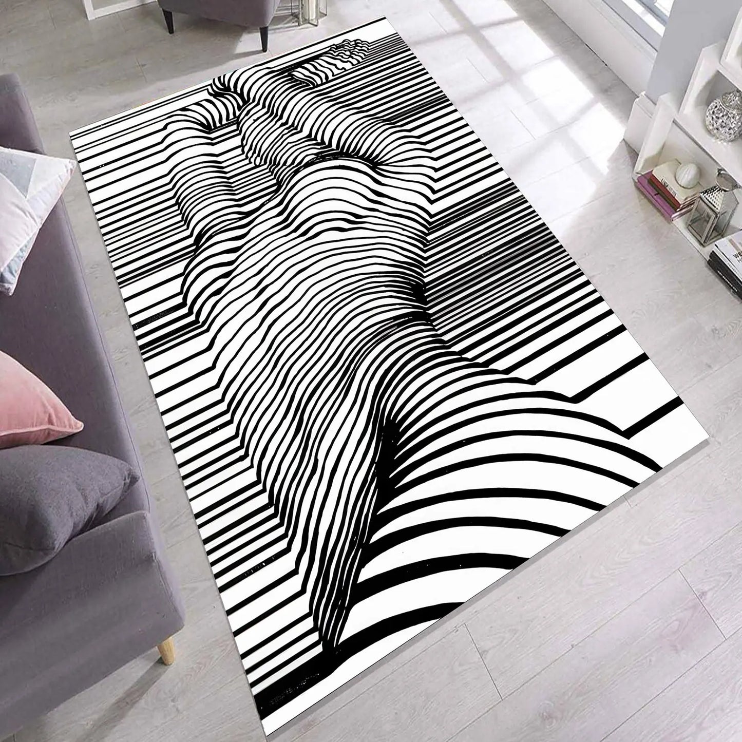 Abstract Black and White Line Art Rug, Modern Artistic Design for Living Room, Bedroom, or Office, Bold and Unique Contemporary Decor