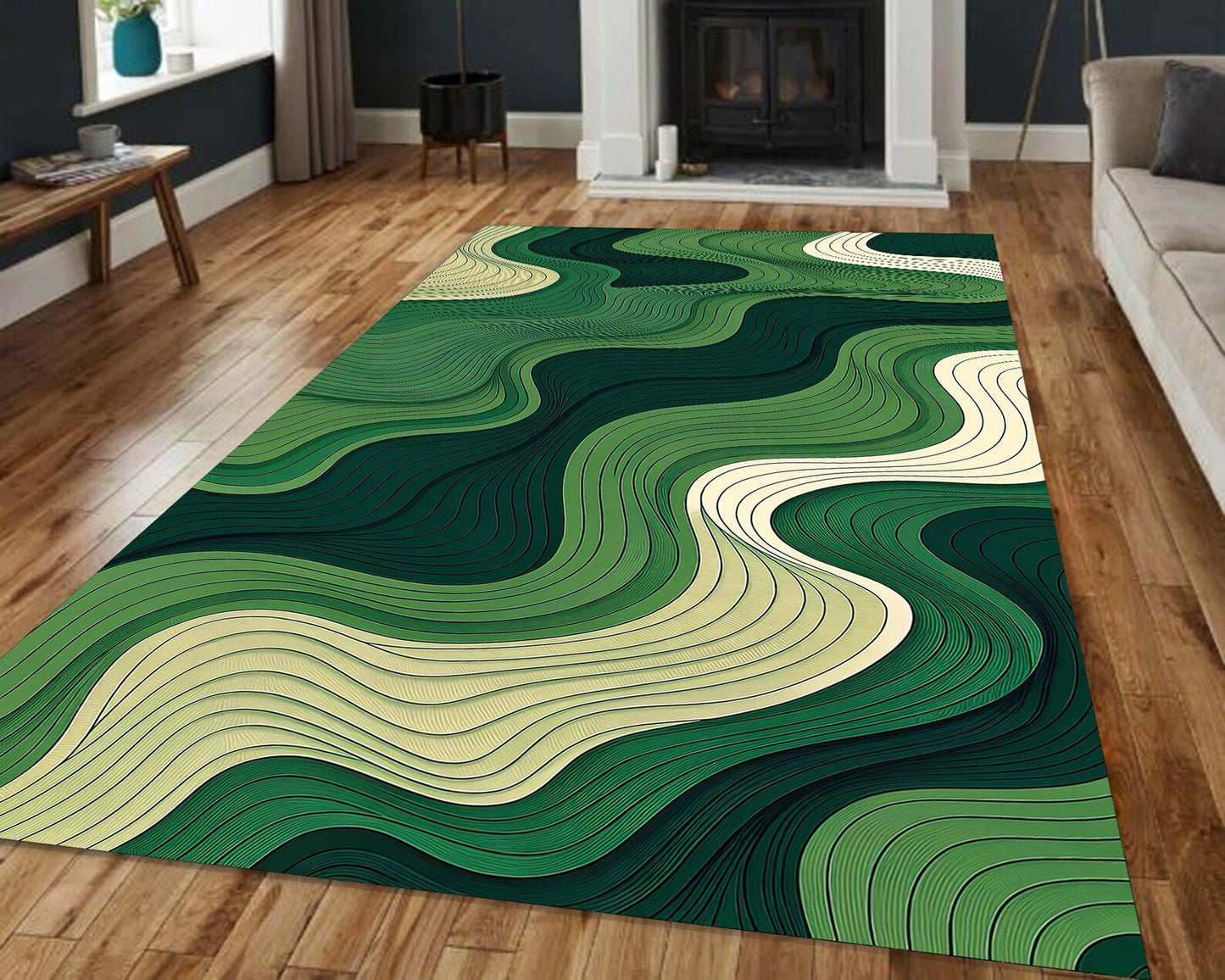 Topographic Deep Green Lines Rug, Organic Flow Pattern Rug, Earth-Tone Waves Rug, Minimal Verdant Lines Rug, Serene Green Area Carpet