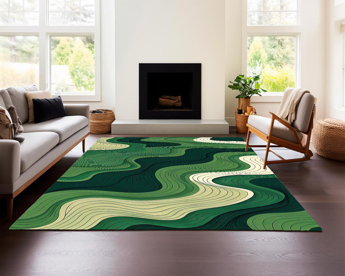 Topographic Deep Green Lines Rug, Organic Flow Pattern Rug, Earth-Tone Waves Rug, Minimal Verdant Lines Rug, Serene Green Area Carpet