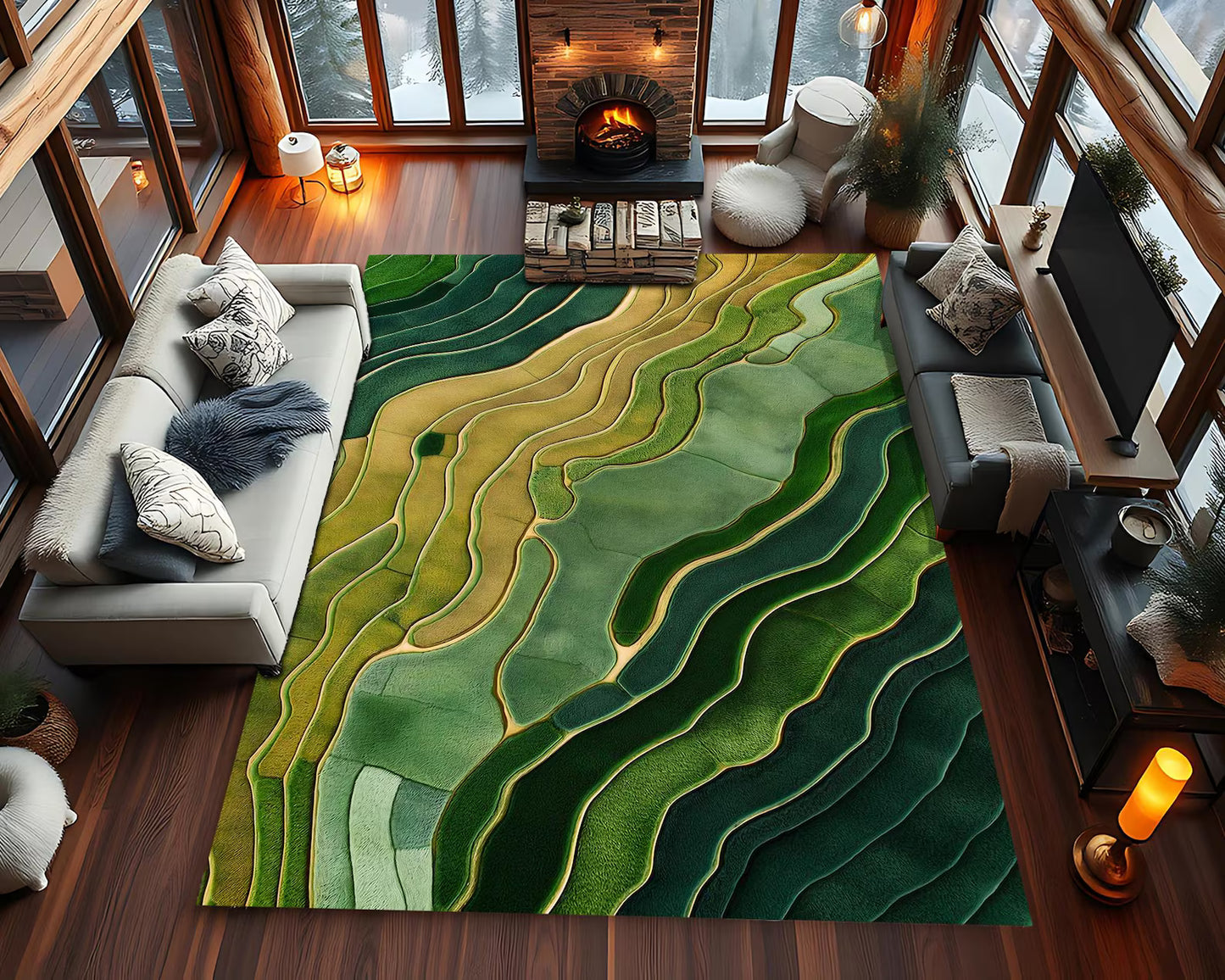 Green Abstract Landscape Rug, Wavy Pattern Modern Carpet, Earth Tone Nature-Inspired Area Rug for Living Room, Contemporary Art Floor Mat