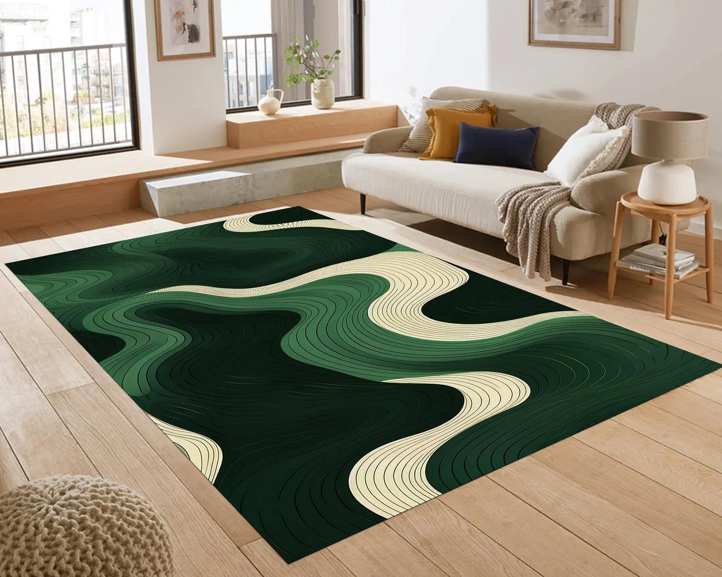 Emerald Wave Lines Rug, Modern Organic Flow Rug, Deep Forest Green Rug, Minimal Luxe Contour Rug, Green And Cream River Flow Carpet