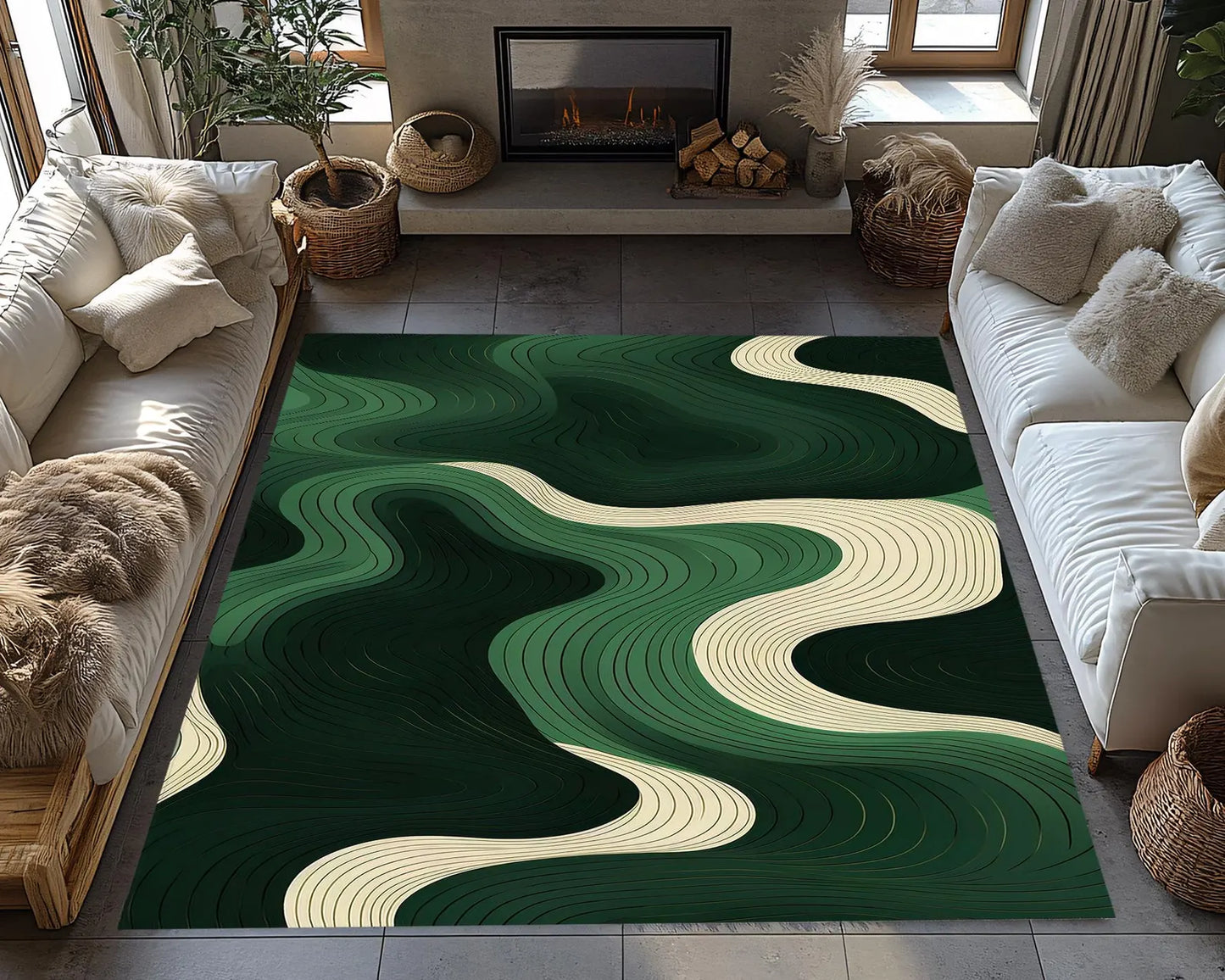 Emerald Wave Lines Rug, Modern Organic Flow Rug, Deep Forest Green Rug, Minimal Luxe Contour Rug, Green And Cream River Flow Carpet