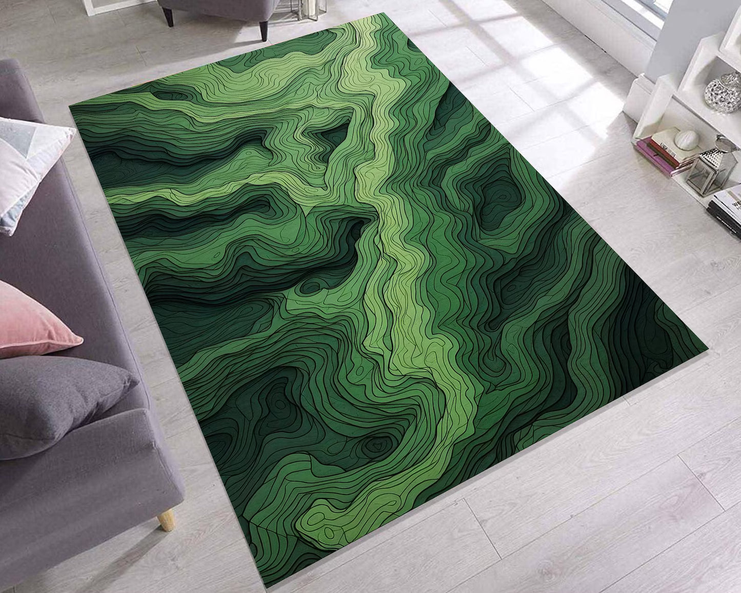 Topographic Green Rug, Abstract Contour Line Carpet for Modern Interiors, Nature Inspired Green Art Rug for Office, Eco Home Decor Rug