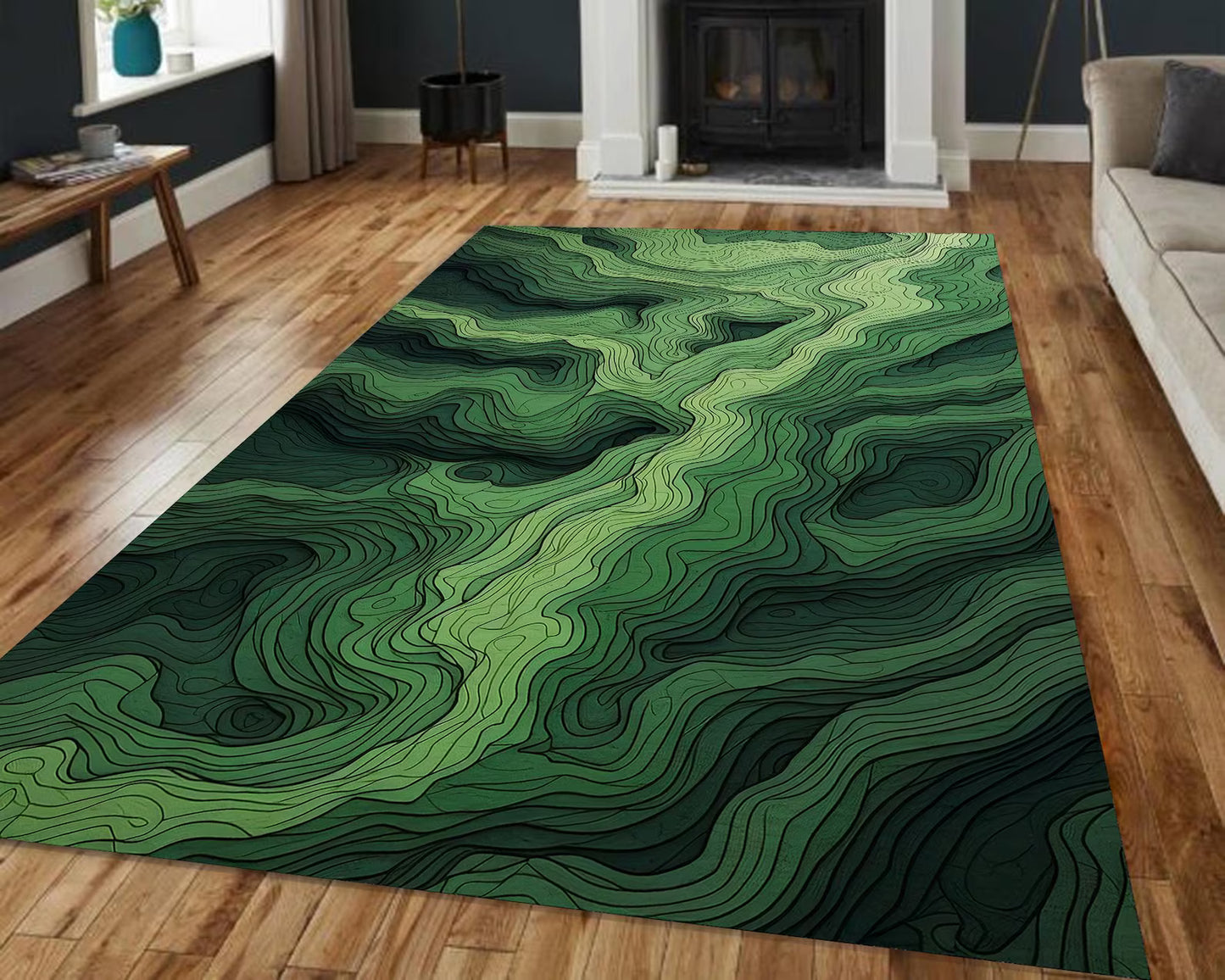 Topographic Green Rug, Abstract Contour Line Carpet for Modern Interiors, Nature Inspired Green Art Rug for Office, Eco Home Decor Rug