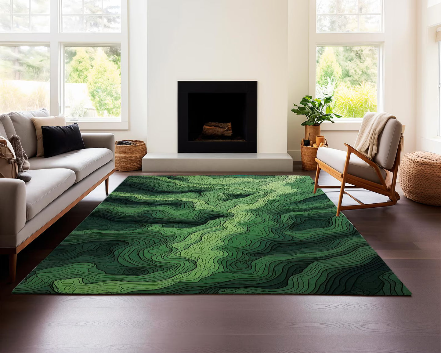 Topographic Green Rug, Abstract Contour Line Carpet for Modern Interiors, Nature Inspired Green Art Rug for Office, Eco Home Decor Rug