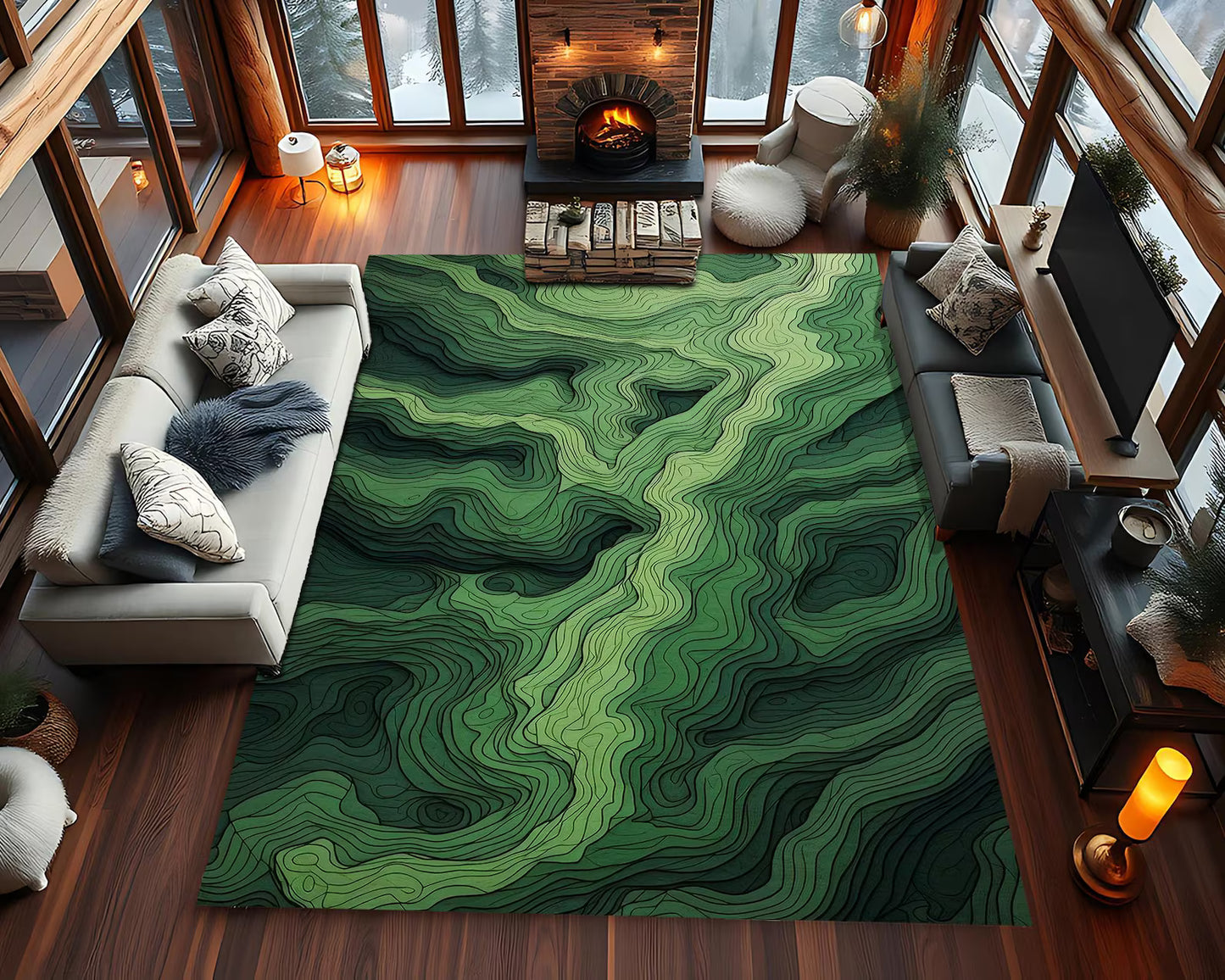 Topographic Green Rug, Abstract Contour Line Carpet for Modern Interiors, Nature Inspired Green Art Rug for Office, Eco Home Decor Rug