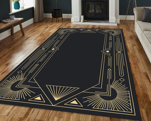 Art Deco Rug, Black Gold Striped Rug, Gold Lined Rug, Geometric Shaped Rug, Modern Decor, Home Decor Rug, Salon Abstract Minimalist Kitchen