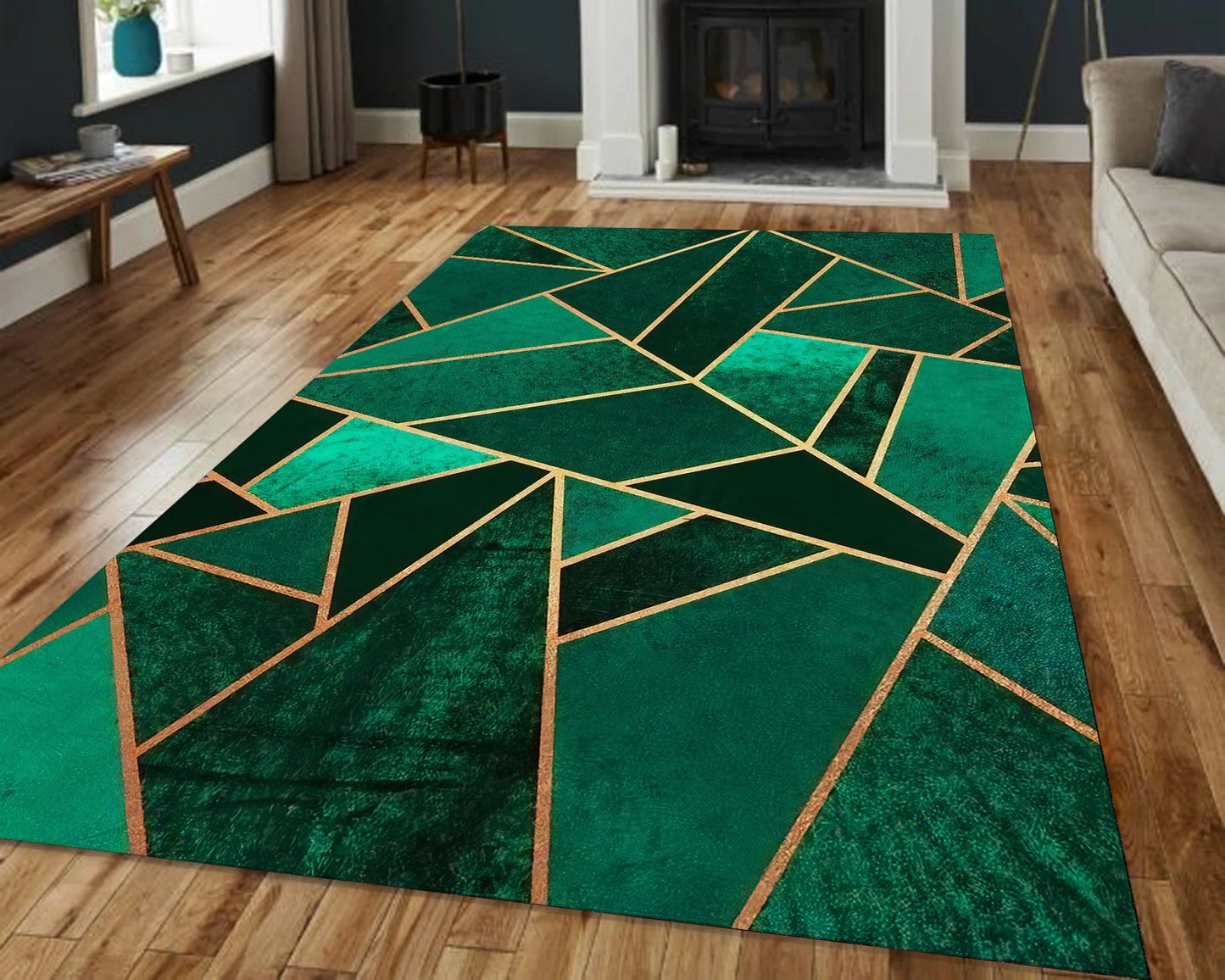 Emerald Geometric Rug, Modern Abstract Rug, Green Gold Carpet For Stylish Interior, Bold Contemporary Rug, Art Deco Inspired Living Room Rug