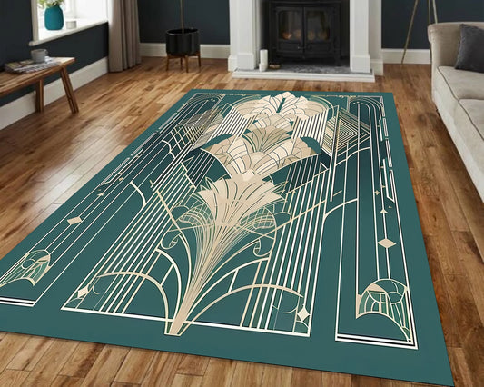 Art Deco Style Rug, Geometric Luxury Rug, Elegant Line Pattern Rug, Classic Green Carpet for Living Room, Bold Modern Deco Area Rug