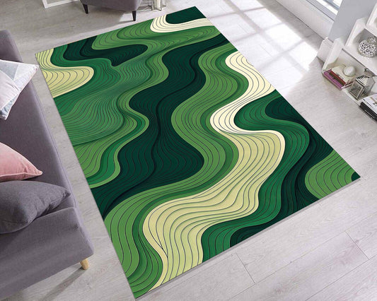 Topographic Deep Green Lines Rug, Organic Flow Pattern Rug, Earth-Tone Waves Rug, Minimal Verdant Lines Rug, Serene Green Area Carpet