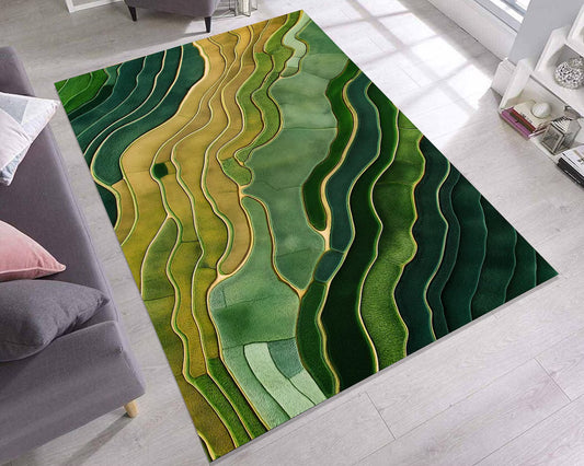 Green Abstract Landscape Rug, Wavy Pattern Modern Carpet, Earth Tone Nature-Inspired Area Rug for Living Room, Contemporary Art Floor Mat