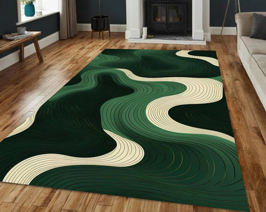 Emerald Wave Lines Rug, Modern Organic Flow Rug, Deep Forest Green Rug, Minimal Luxe Contour Rug, Green And Cream River Flow Carpet