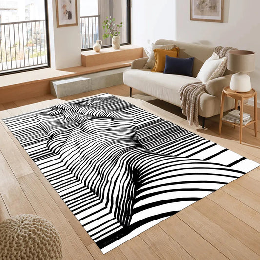 Abstract Black and White Line Art Rug, Modern Artistic Design for Living Room, Bedroom, or Office, Bold and Unique Contemporary Decor